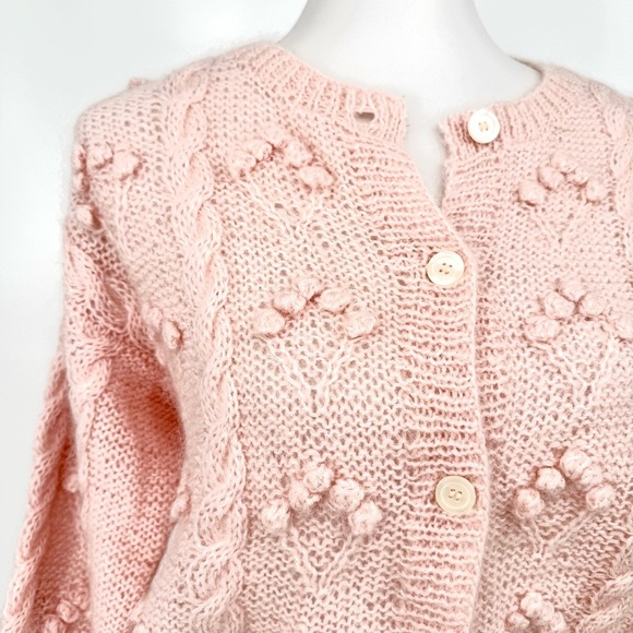 LIZ CLAIBORNE Vintage Mohair Hand Knit Popcorn Cable Cardigan Sweater M - Picture 3 of 7